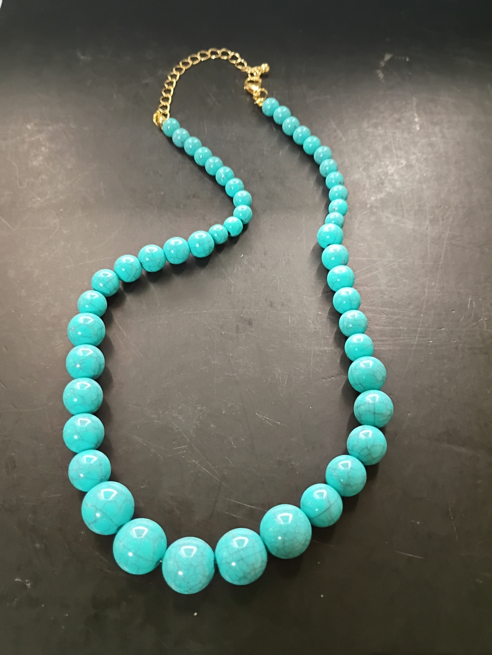 Faux Turquoise Graduated Bead Strand Necklace 16"-18" Gold Tone Boho NIP